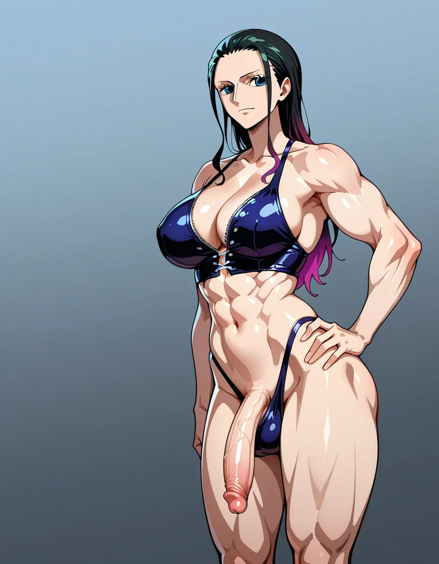 ultra detailed,nico Robin, hand on hip, futanari, muscular, gradient hair, gradient background, soft cel shading, hentai_studio_quality