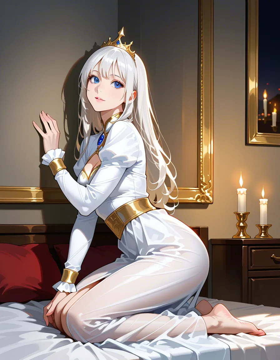 best quality, hyperrealistic, princess, white hair, long sleeves, kneeling on bed, candlelight, studio photo, hentai_studio_quality