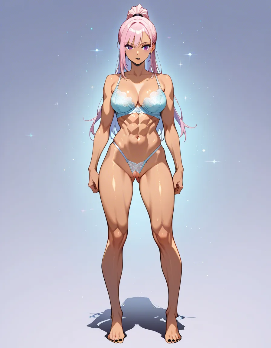 masterpiece, fine detail, explicit render, (light teal blue lingerie, thong, bra, lace,) (rose-pink hair, long_hair, high_ponytail,) royal purple_eyes, athletic, abs, partially_visible_vulva, standing, solo, 1girl, straight_hair, tan, straight-on, full_body, barefoot, black lipstick, black fingernails, black toenails, small_breasts, looking_at_viewer, looking_ahead, legs_apart,, (anime style:1.3), 2d, anime screencap, cel shading, flat color