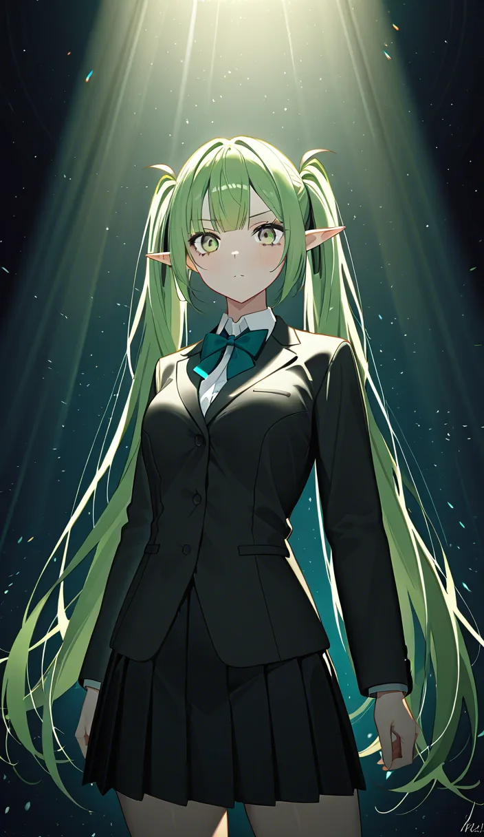 sharp focus, 8k uhd, elf girl, twintails, bowtie, squirting, volumetric light, cinematic realism