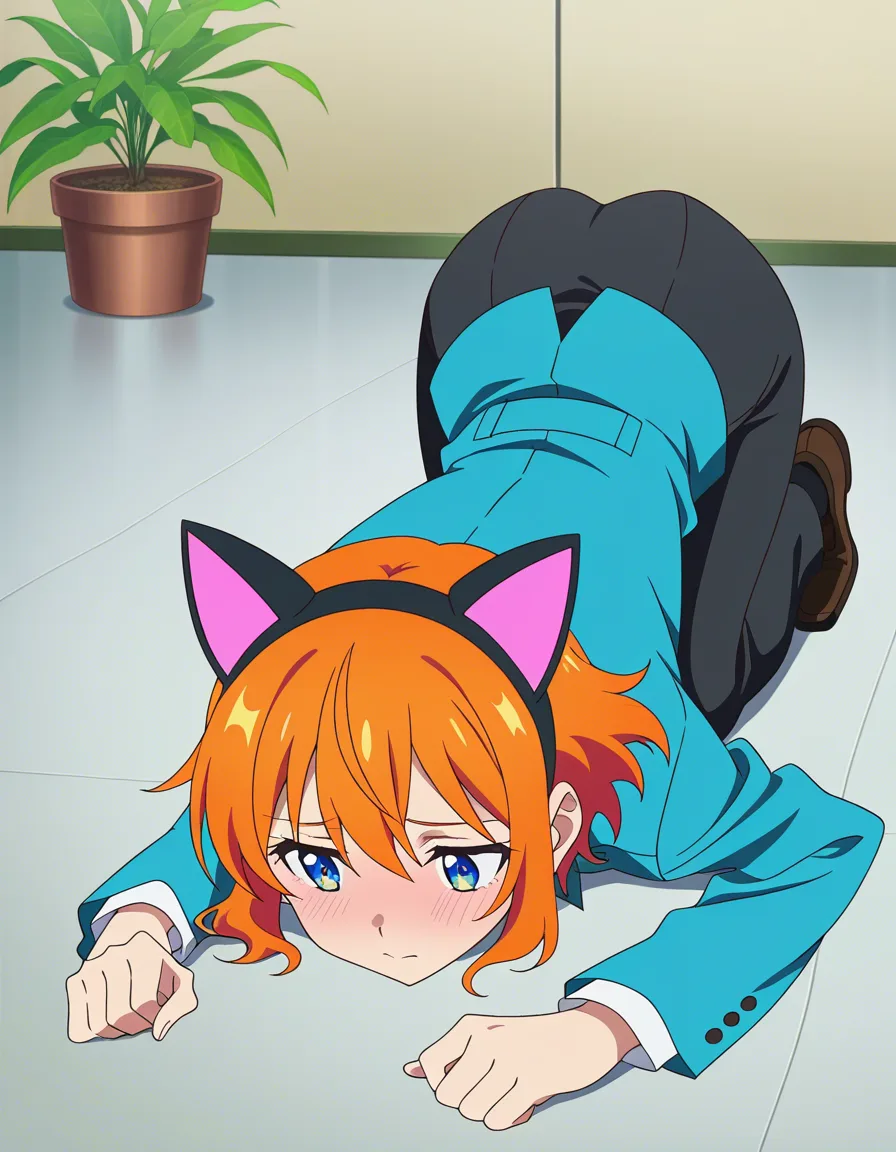 highres, vivid, 1other, fake animal ears, office wear, on all fours, plant, submissive blush, explicit anime render, (anime style:1.3), 2d, anime screencap, cel shading, flat color, @00osamio00