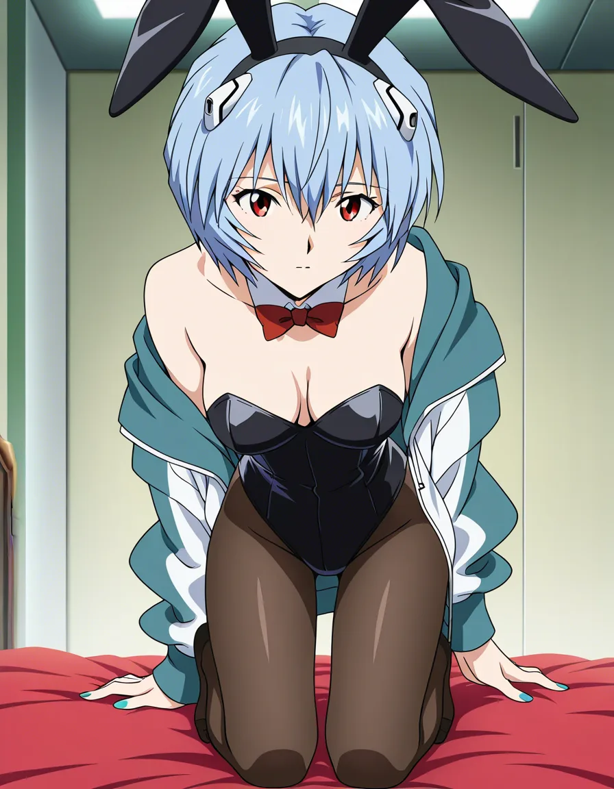 masterpiece, clean art, bunny girl, nail polish, jacket, kneeling on bed, visual novel art @ayanami_rei (anime style:1.3), 2d, anime screencap, cel shading, flat color, hentai_studio_quality
