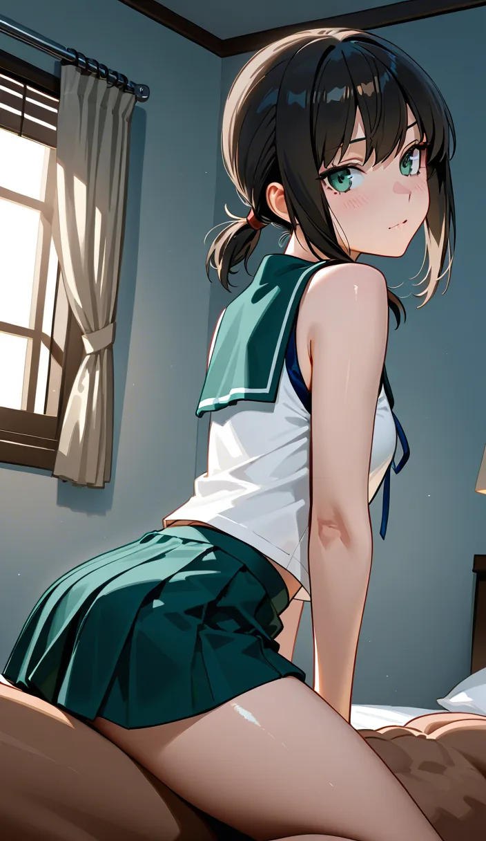 8k, sharp focus, detailed skin, solo, bare arms, skirt, cowgirl position, volumetric light, hyperrealistic @fubuki_(kancolle)