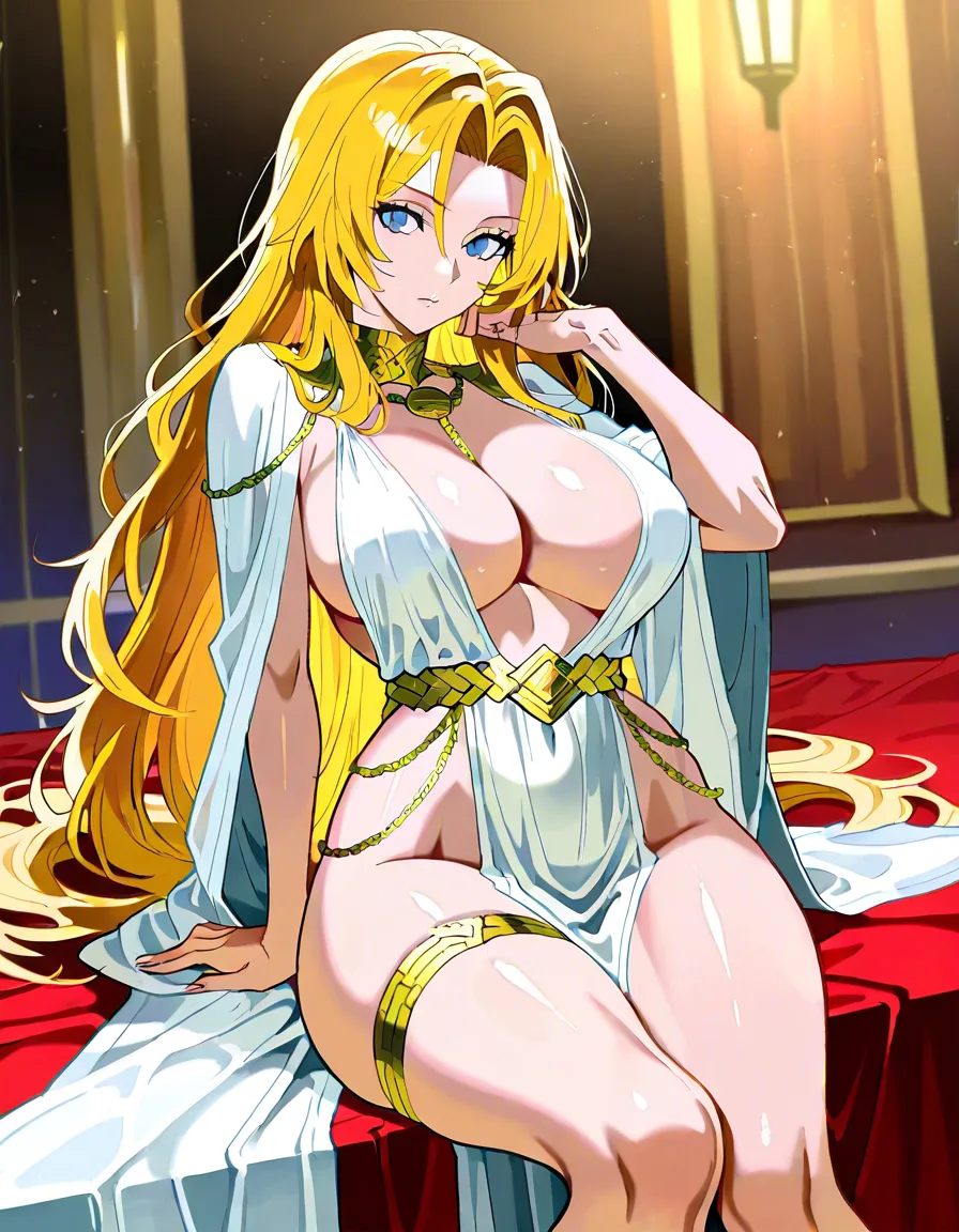 @matsumoto_rangiku wearing an extremely sexy original antiquity-inspired outfit of my choice: a translucent pearl-white silk stola with gold embroidered edges that drapes loosely over one shoulder and slips down the other, leaving deep cleavage and underboob almost exposed, a thin gold chain belt sitting low on the hips with dangling charms that frame the curves, high thigh slits revealing the full length of thick thighs, sheer fabric clinging tightly to a very voluptuous body with huge breasts, narrow waist and wide hips, soft smile on her face looking at the viewer, unique ultra-sexy ecchi pose: standing with her back slightly arched, one hand lightly pulling the slipping fabric at her hip while the other arm is raised above her head, weight shifted onto one leg so the curves of her ass and thighs are strongly emphasized, solid soft pink background, highly detailed anime illustration, intricate fabric folds, soft shiny skin highlights, elegant gold jewelry details, very ecchi atmosphere, hentai_studio_quality