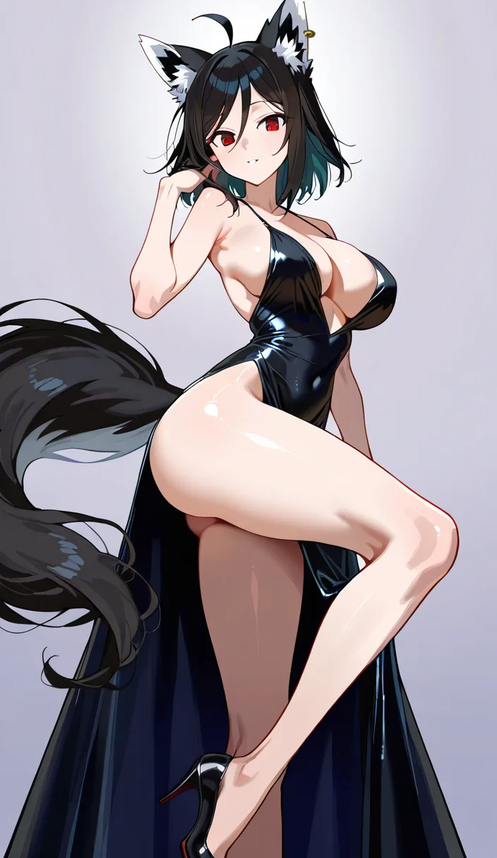 Adult Fubuki, slender yet voluptuous body, generous natural breasts, firm slightly bouncy ass, very slim waist, long legs, wearing an extremely tight and sexy black evening dress made of shiny satin, the fabric clinging perfectly to her body, deep plunging neckline that shows off her cleavage, open back, high thigh slit, the satin forming smooth shiny reflections over her breasts and hips, she is sitting on an elegant armchair, legs slightly open, one hand resting on the armrest, the other placed on her thigh, torso slightly leaning forward, cold and seductive expression,
sitting on an armchair, legs slightly open, leaning forward,
the camera angle is a slight low three-quarter view looking up at her body, emphasizing the soft shape of her breasts under the tight satin, the curve of her waist, and the high slit exposing her thigh, highly detailed skin and fabric texture, soft dim luxurious lighting that makes the satin glow, dark elegant atmosphere, sharp focus on body and dress details, aspect ratio 3:4, @fubuki_(one-punch_man), (anime style:1.3), 2d, anime screencap, cel shading, flat color