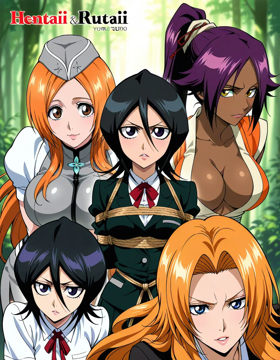 highly detailed, sharp, 5girls, lips, hat, bondage, visual novel art @shihouin_yoruichi @inoue_orihime @matsumoto_rangiku @kuchiki_rukia, hentai_studio_quality