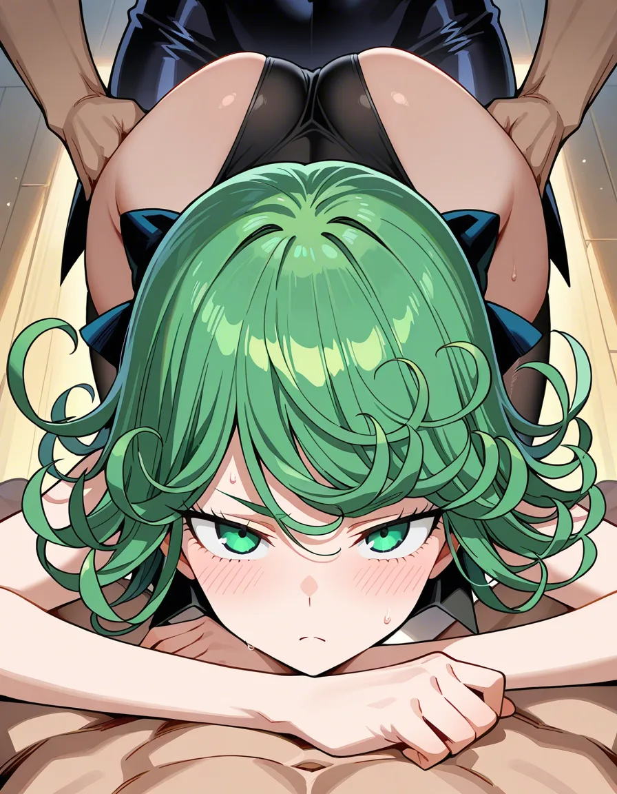 masterpiece, fine detail, solo focus, bent over, petite adult woman, hair bow, visual novel art @tatsumaki, hentai_studio_quality