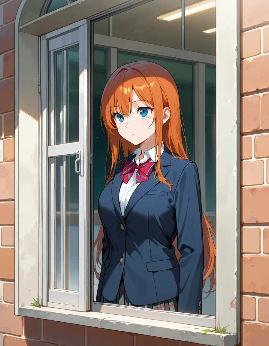 standing,high school girl, midday,near window, hentai_studio_quality