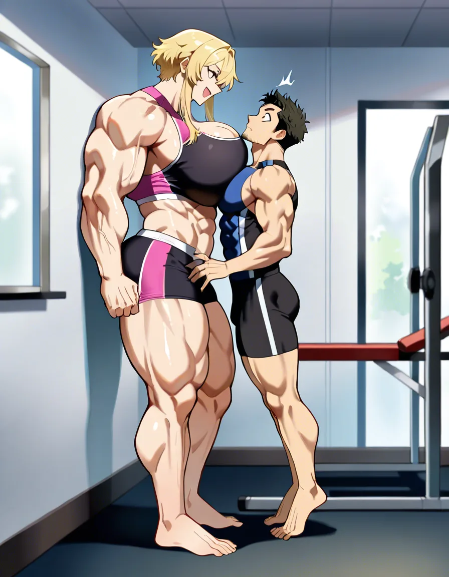 Giant muscular_female, man stubble, adults, size_difference, huge height_difference, female blonde_hair short_hair_with_long_locks, indoors gym, femdom, dominant female looking_at_another, male facing_another looking_up surprised, breast_press, male pinned against_wall, male flying feet dangling, teasing, nervous blush male looking_up , male black medium_hair, petite male, standing , female crop_top leggings , slender male oversized_clothes shirt shorts , female hands_on_own_hips, female leaning_back, female abs, female big biceps, female big shoulders, female thick_thighs, female huge_ass, female wide_hips, huge_breasts, gigantic tall female, bulging nipples, male bulge, male narrow_waist, floating male, domination, eye_contact, aged_up, full_body, hentai_studio_quality