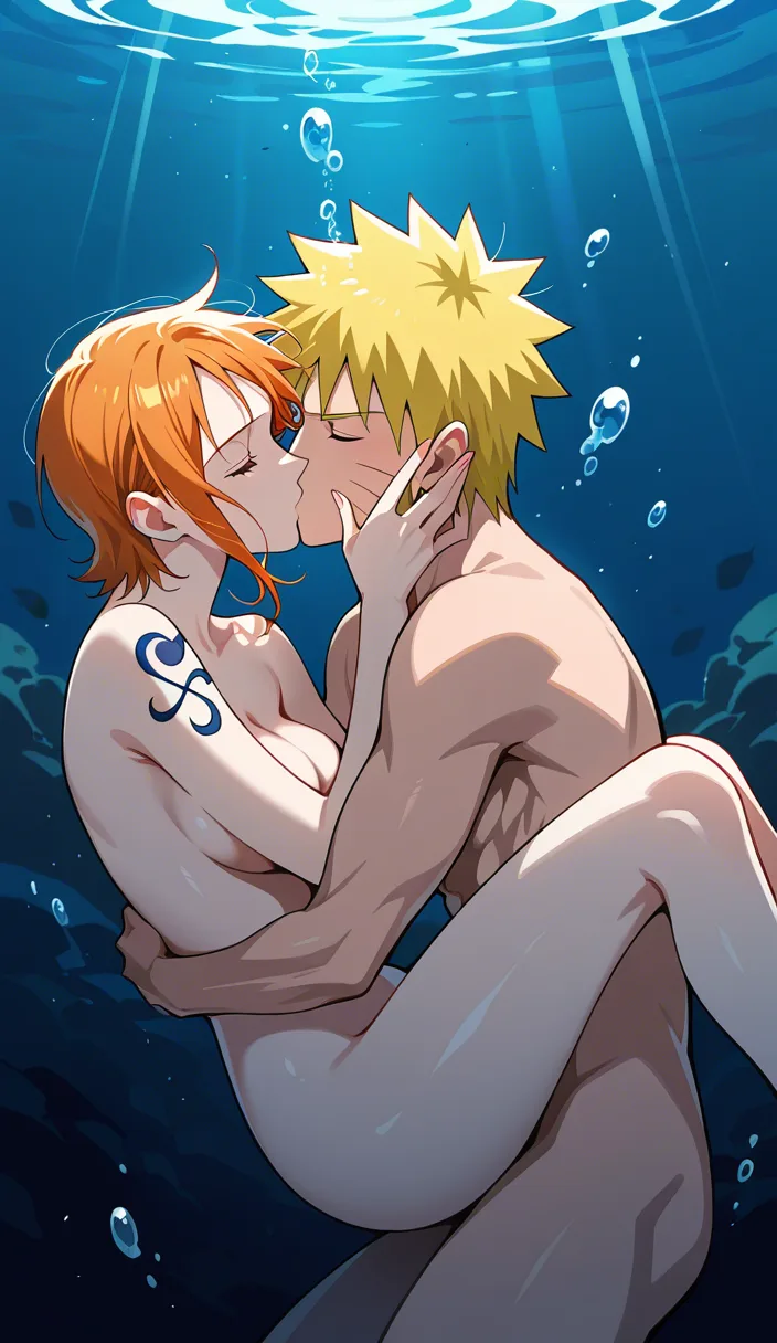 Naruto Uzumaki, @Nami (One Piece), short_hair , nude, underwater, kiss, huge, hentai_studio_quality