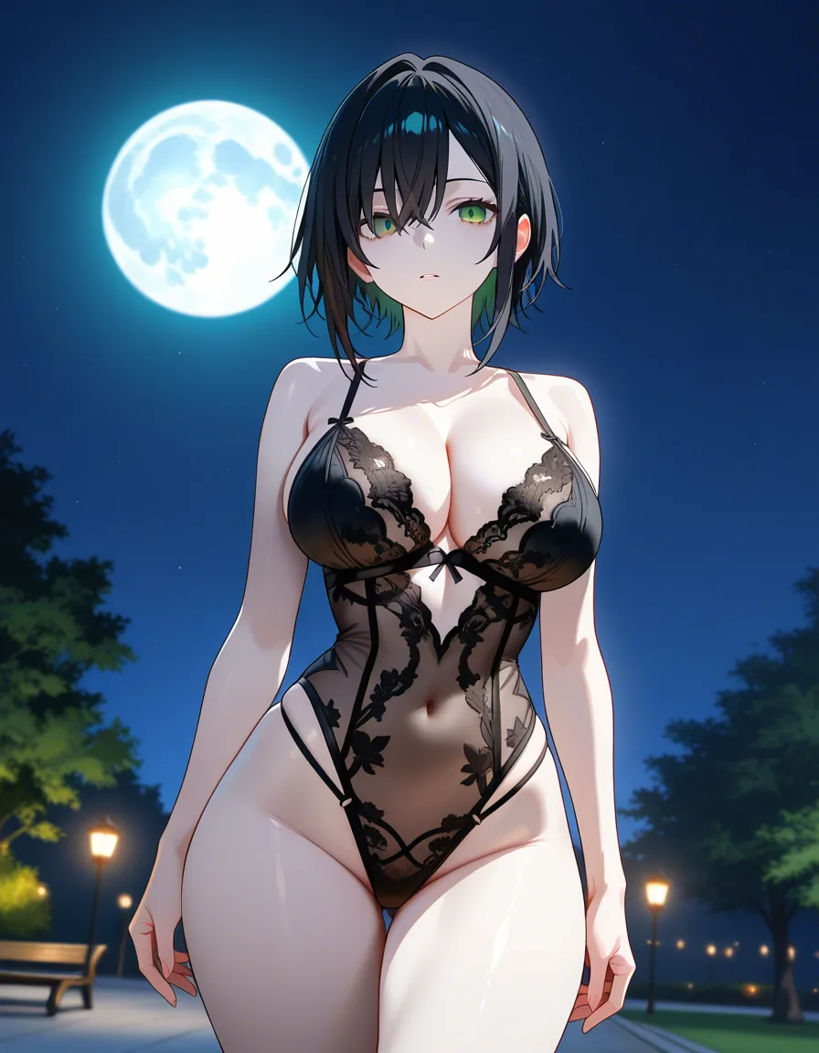 Anime serleena big breasts wide hips green eyes pale skin dark hair black lingerie in a park at night low lighting full moon, score_9, score_8, 3d render, octane render, subsurface scattering, ray tracing, smooth shading