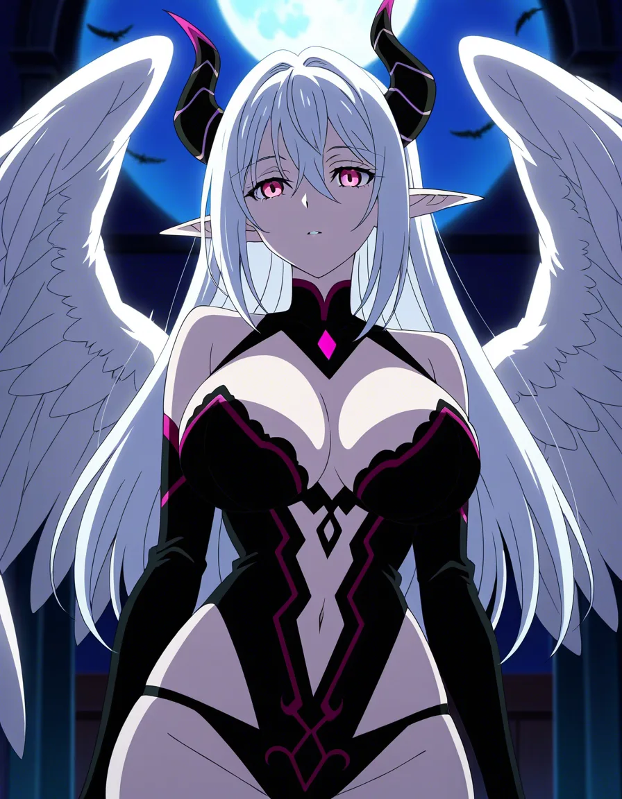Anime Slaanesh pink eyes big breasts wide hips pale skin long white hair pointy elf ears curved black horns white feathered wings pink and black lingerie in a room at night low lighting full moon, (anime style:1.3), 2d, anime screencap, cel shading, flat color