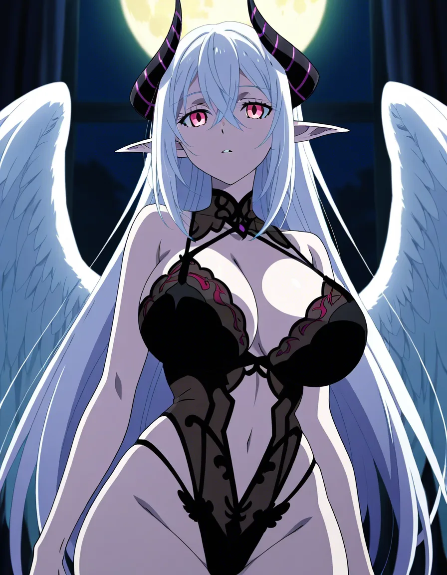 Anime Slaanesh pink eyes big breasts wide hips pale skin long white hair pointy elf ears curved black horns white feathered wings pink and black lingerie in a room at night low lighting full moon, (anime style:1.3), 2d, anime screencap, cel shading, flat color, hentai_studio_quality