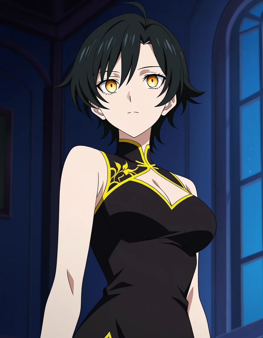 Anime rwby cinder fall yellow eyes light skin black hair Glittery black dress in a room at night low lighting, deep throat, (anime style:1.3), 2d, anime screencap, cel shading, flat color, @00osamio00