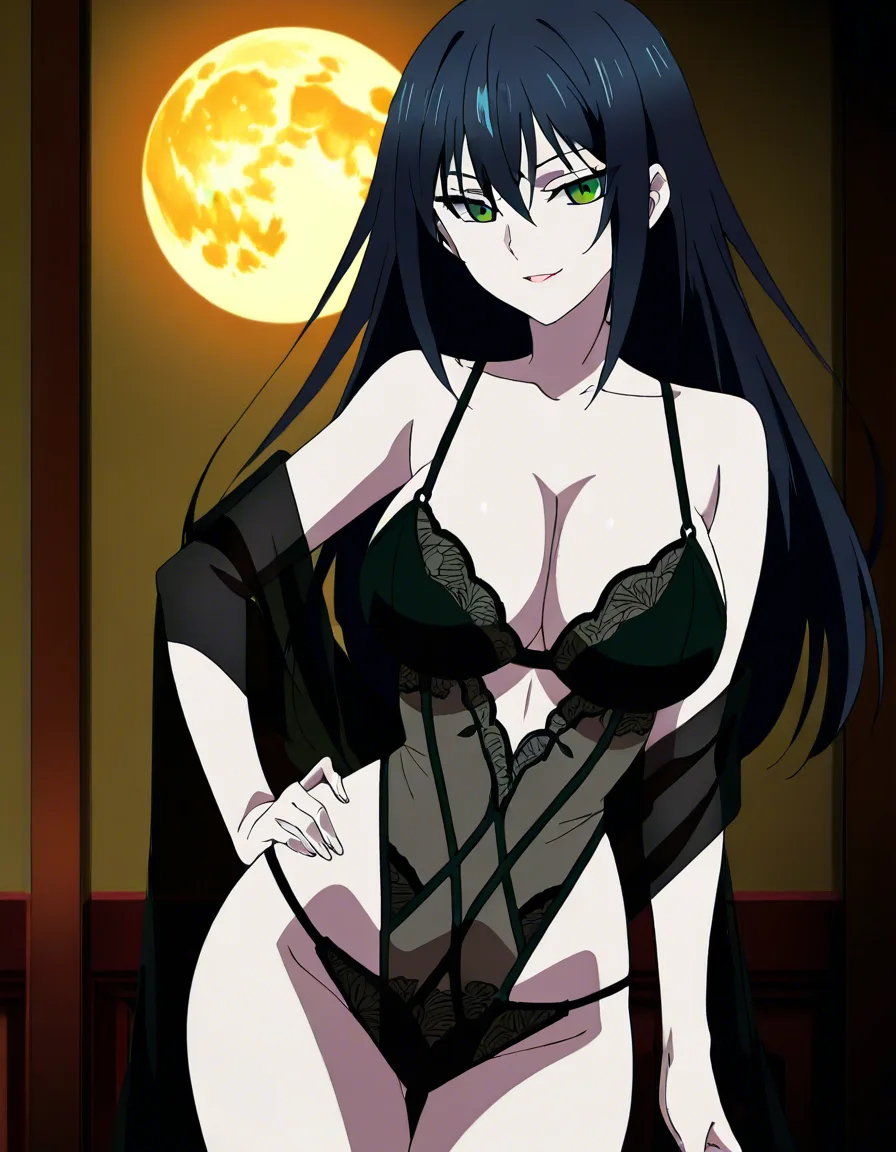 Anime men in black serleena big breasts wide hips green eyes pale skin dark hair black lingerie Transparent gray shawl in a room at night low lighting full moon sexy pose hand on hip Seductive smile, hentai_studio_quality, (anime style:1.3), 2d, anime screencap, cel shading, flat color, @00osamio00, score_9, score_8, 3d render, octane render, subsurface scattering, ray tracing, smooth shading