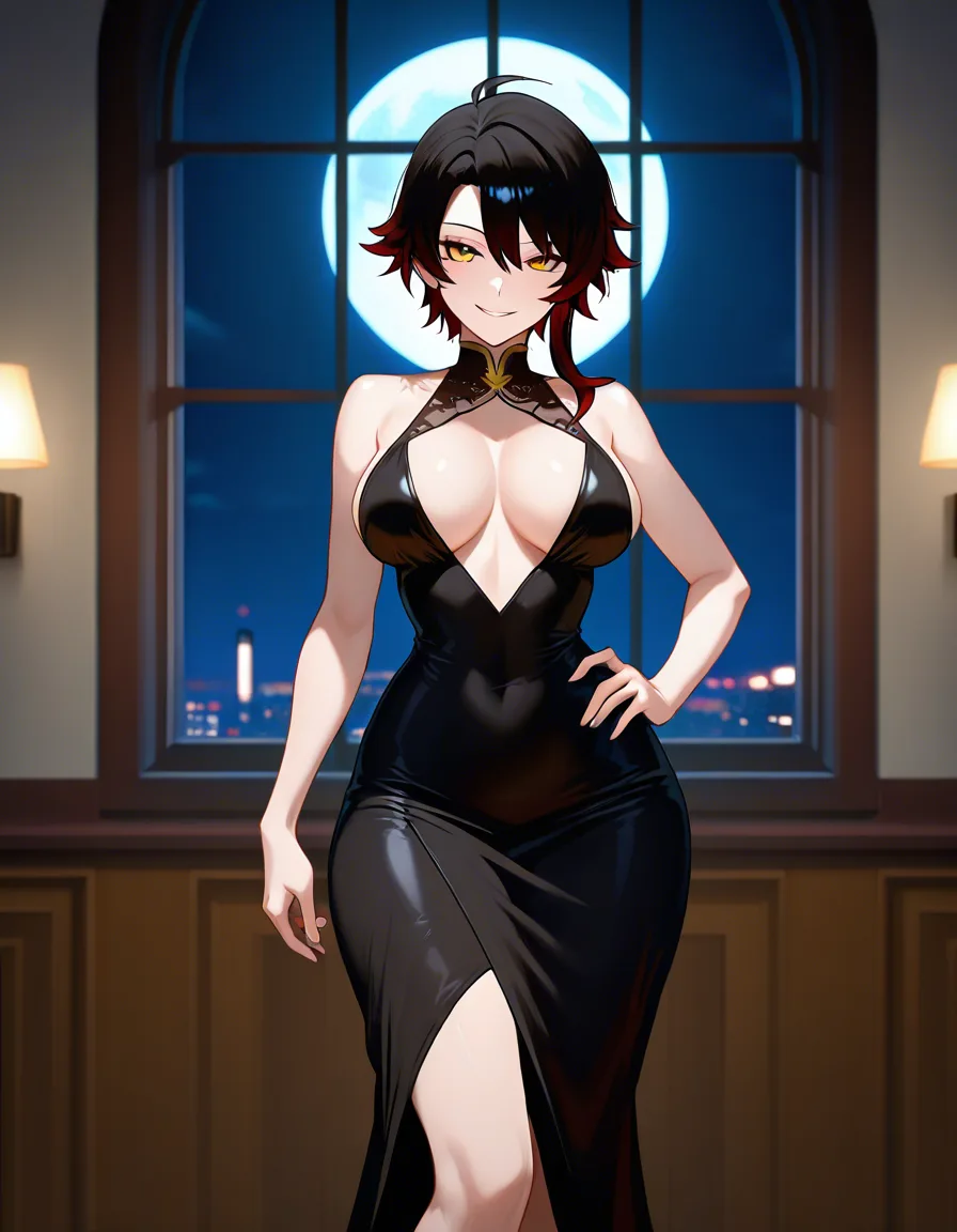 Anime rwby cinder fall big breasts wide hips yellow eyes light skin dark hair Glittery black dress boob window Cleavage in a room at night low lighting full moon sexy pose hand on hip Seductive smile, hentai_studio_quality, score_9, score_8, 3d render, octane render, subsurface scattering, ray tracing, smooth shading