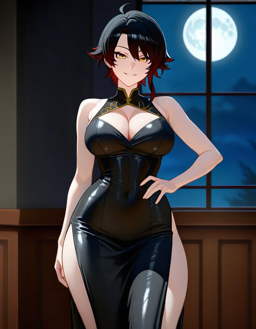 Anime rwby cinder fall big breasts wide hips yellow eyes light skin dark hair Glittery black dress boob window Cleavage in a room at night low lighting full moon sexy pose hand on hip Seductive smile, hentai_studio_quality, score_9, score_8, 3d render, octane render, subsurface scattering, ray tracing, smooth shading, (anime style:1.3), 2d, anime screencap, cel shading, flat color, (anime style:1.3), 2d, anime screencap, cel shading, flat color, @00osamio00