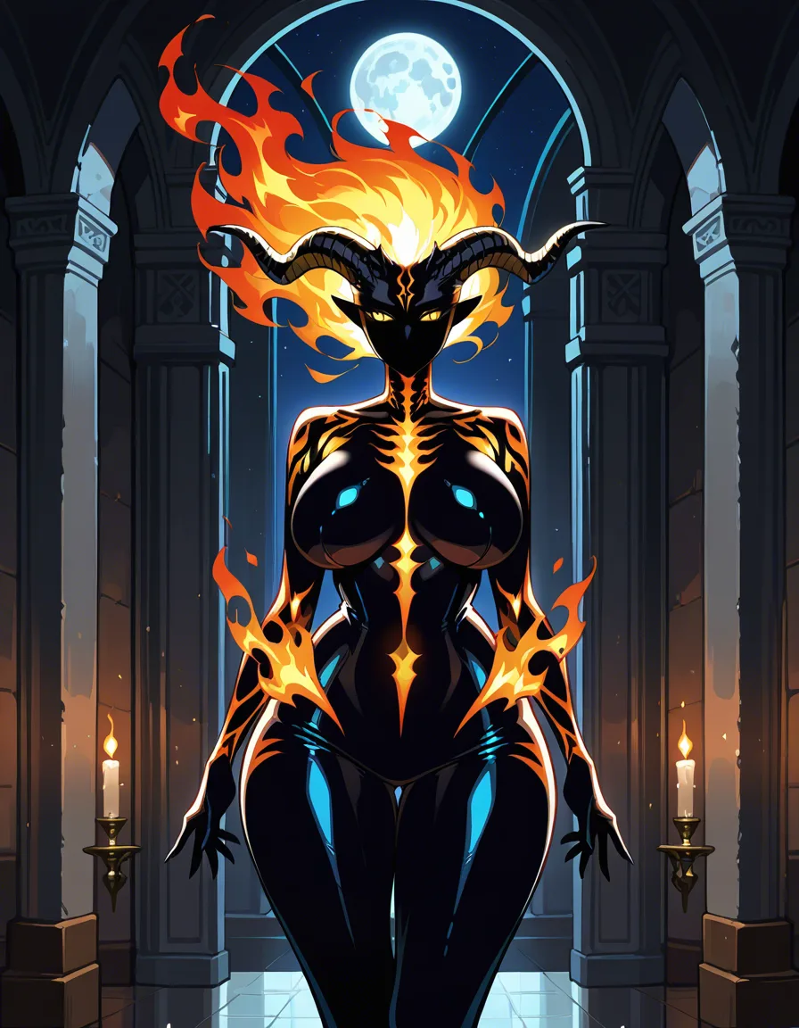 Anime skyrim flame atronach big breasts wide hips yellow eyes curved black horns flaming hair flame body black Feminine skeleton in a room at night low lighting full moon, hentai_studio_quality