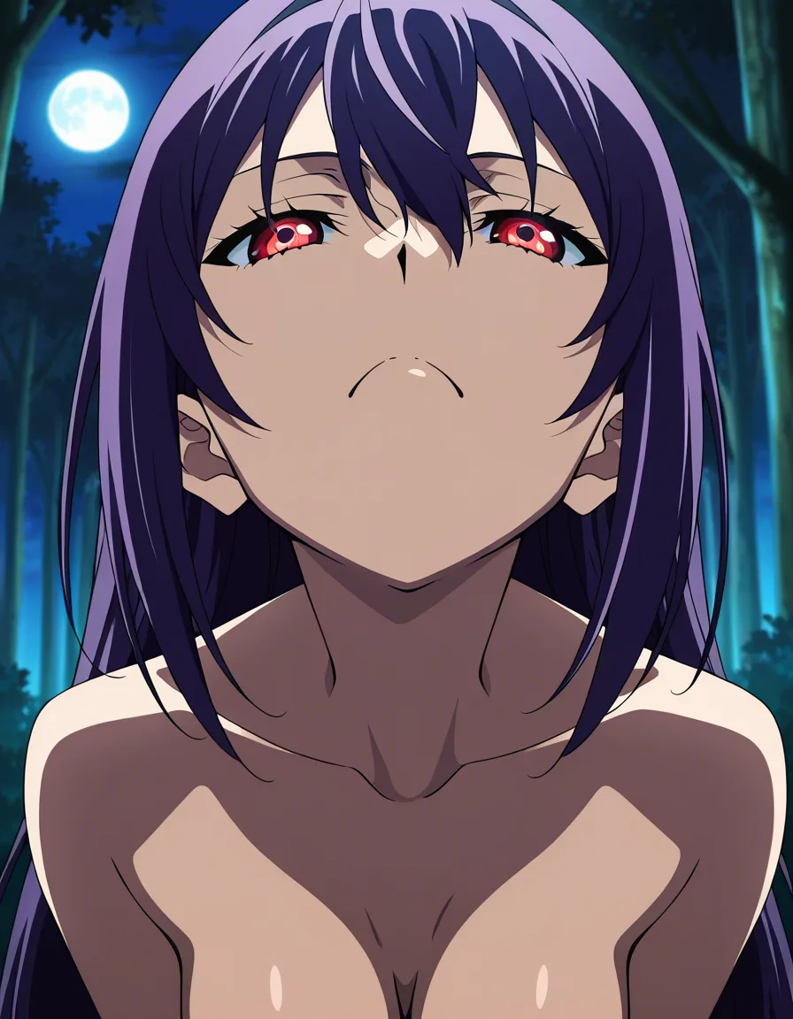 Anime hells paradise yuzuriha red eyes light skin dark purple hair dark naked in a forest at night low lighting full moon eyes closed deep throat All the way to the base, hentai_studio_quality, (anime style:1.3), 2d, anime screencap, cel shading, flat color