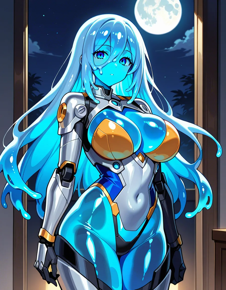 Anime slime girl in a cyborg exoskeleton big breasts wide hips blue eyes light blue skin dark blue hair Translucent body silver armor in a room at night low lighting full moon, hentai_studio_quality