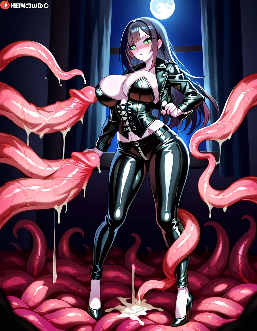 Anime serleena big breasts wide hips green eyes pale skin dark hair black leather jacket black corset black leather pants black heels in a room at night low lighting full moon with long green striped tentacle tongue sucking a penis sucking a cock sucking a dick cum swallowing Blushing a little, hentai_studio_quality