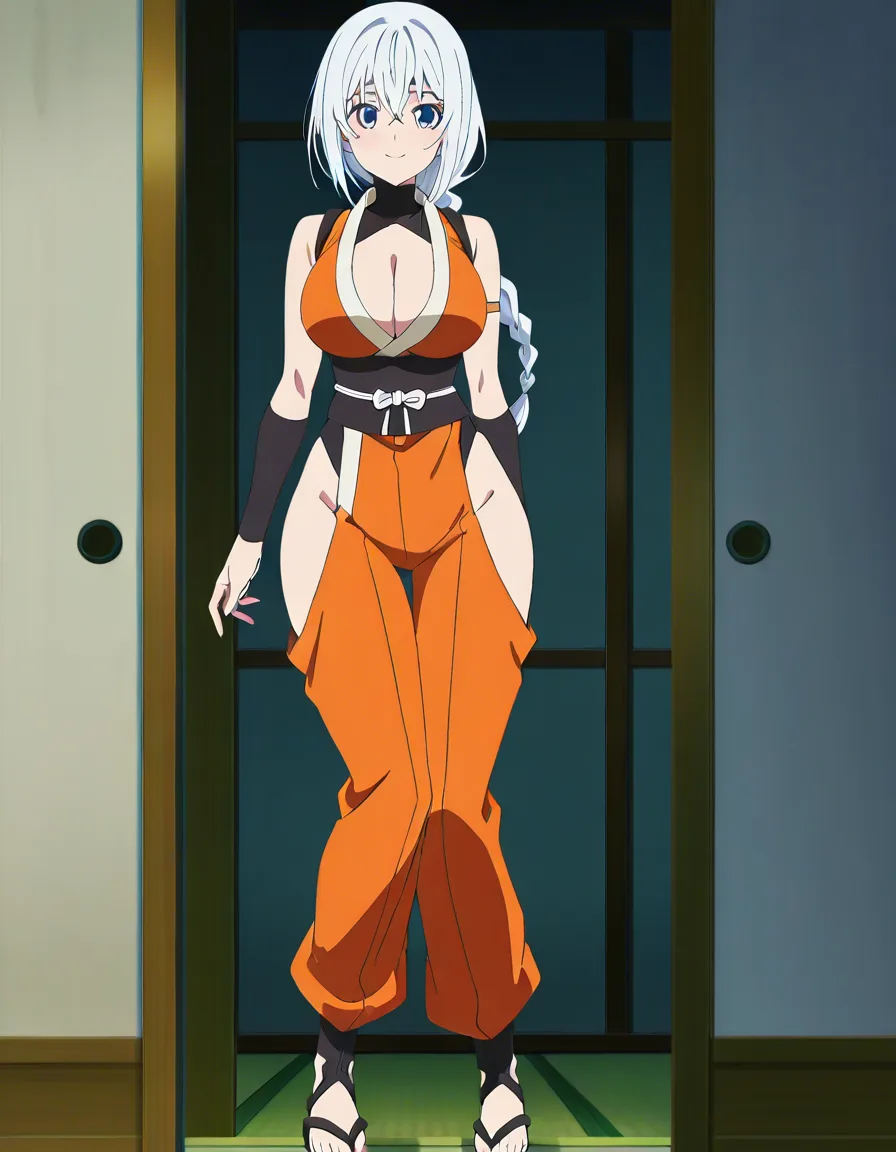 Anime female ronin big breasts wide hips blue eyes light skin white hair long Braided ponytail Revealing female ninja outfit deep Cleavage Sandals in a room sun set low lighting soft smile Blushing a little, hentai_studio_quality, (anime style:1.3), 2d, anime screencap, cel shading, flat color, score_9, score_8, 3d render, octane render, subsurface scattering, ray tracing, smooth shading