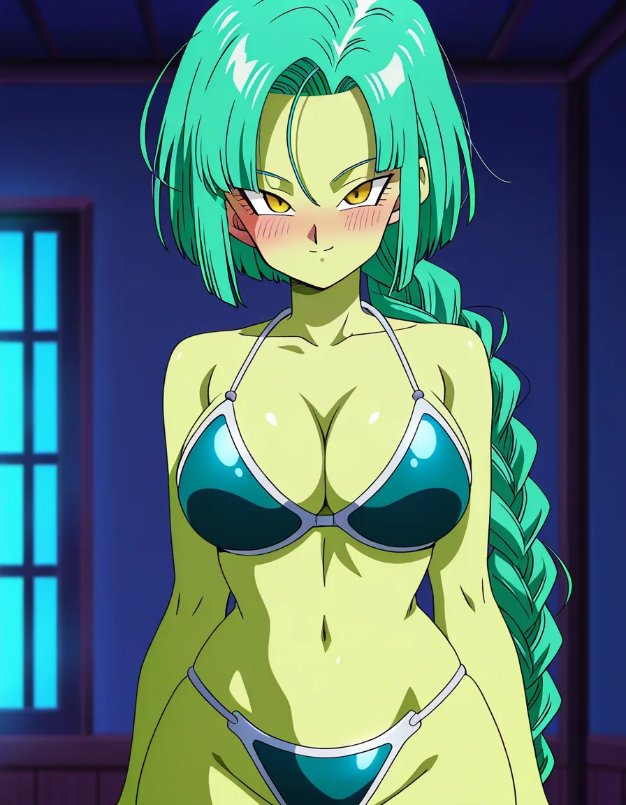 Anime dragon ball z female zarbon big breasts wide hips yellow eyes sea green skin green hair long Braided hair white bikini armor in a room at night low lighting soft smile Blushing a little, hentai_studio_quality, (anime style:1.3), 2d, anime screencap, cel shading, flat color