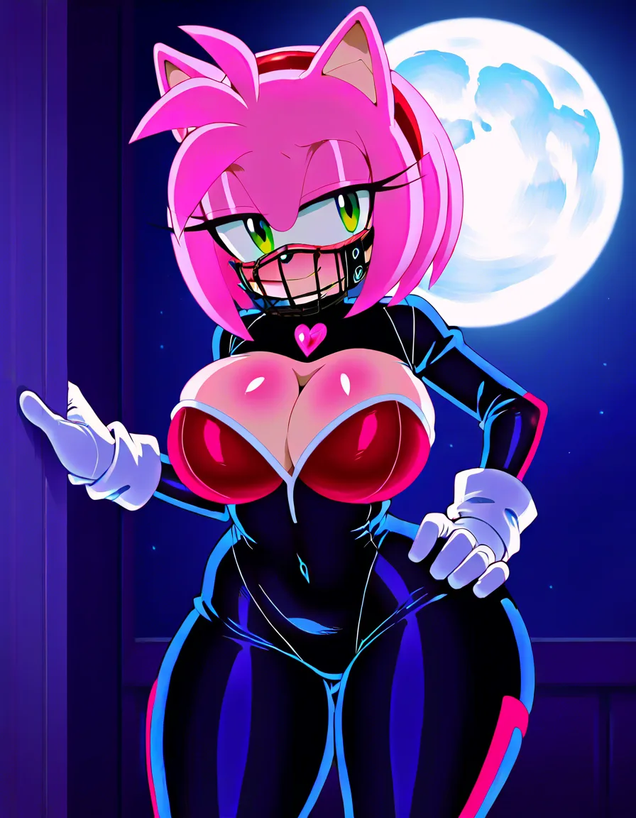 Anime sonic art style amy rose big breasts wide hips green eyes light skin Muzzle light skin Cleavage pink hair pink fur green eye shadow in rouge the bats outfit black body suit long white gloves long white gloves pink heart cheat piece in a room at night low lighting full moon soft smile hand on hip blushing a little, hentai_studio_quality, (anime style:1.3), 2d, anime screencap, cel shading, flat color, (anime style:1.3), 2d, anime screencap, cel shading, flat color, @00osamio00