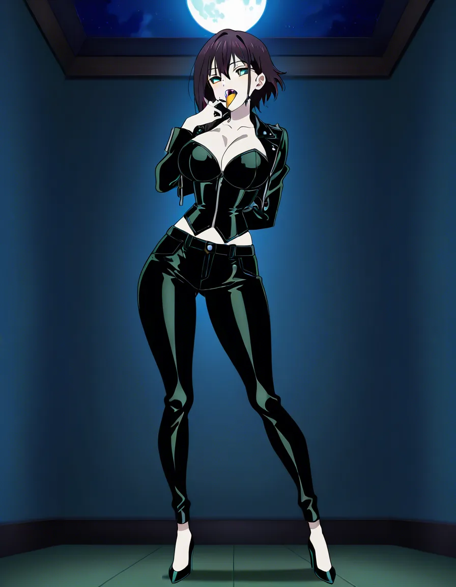 Anime serleena big breasts wide hips green eyes pale skin dark hair black leather jacket black corset black leather pants black heels sticking her green striped tongue inside a mans ear in a room at night low lighting full moon blushing a little ear licking, hentai_studio_quality, (anime style:1.3), 2d, anime screencap, cel shading, flat color