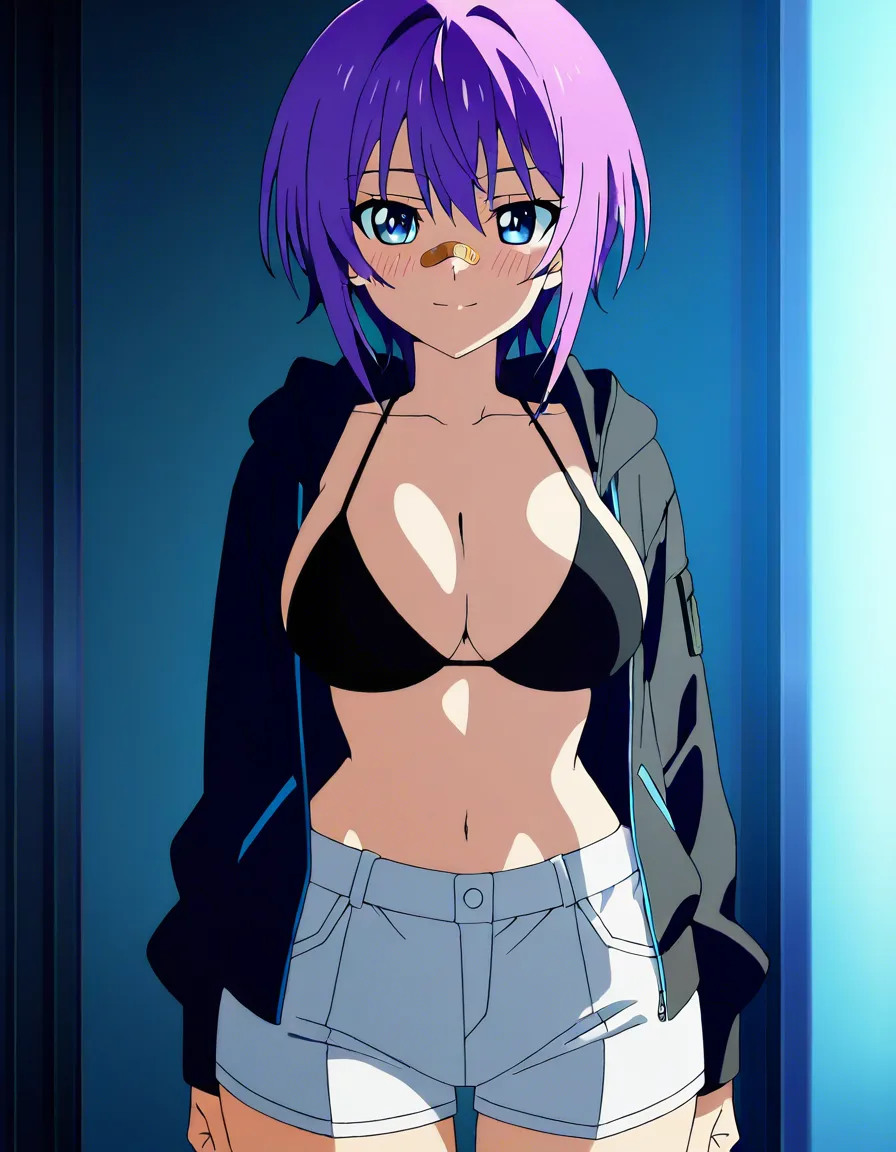 Anime projekt melody big breasts wide hips blue eyes light skin purple hair ponnytail Band-Aid on nose white opened jacket white booty shorts black bikini top G. string in a room at night low lighting soft smile blushing a little, hentai_studio_quality, (anime style:1.3), 2d, anime screencap, cel shading, flat color