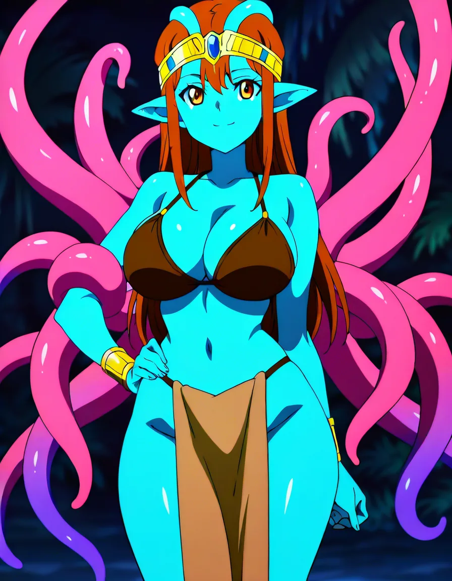 Anime star wars aayla secura big breasts wide hips Hazel eyes blue skin two tentacles on her head brown bikini top brown Loincloth in a alien jungle sun set low lighting sexy pose hand on hip soft smile, hentai_studio_quality, (anime style:1.3), 2d, anime screencap, cel shading, flat color, (anime style:1.3), 2d, anime screencap, cel shading, flat color, @00osamio00, score_9, score_8, 3d render, octane render, subsurface scattering, ray tracing, smooth shading