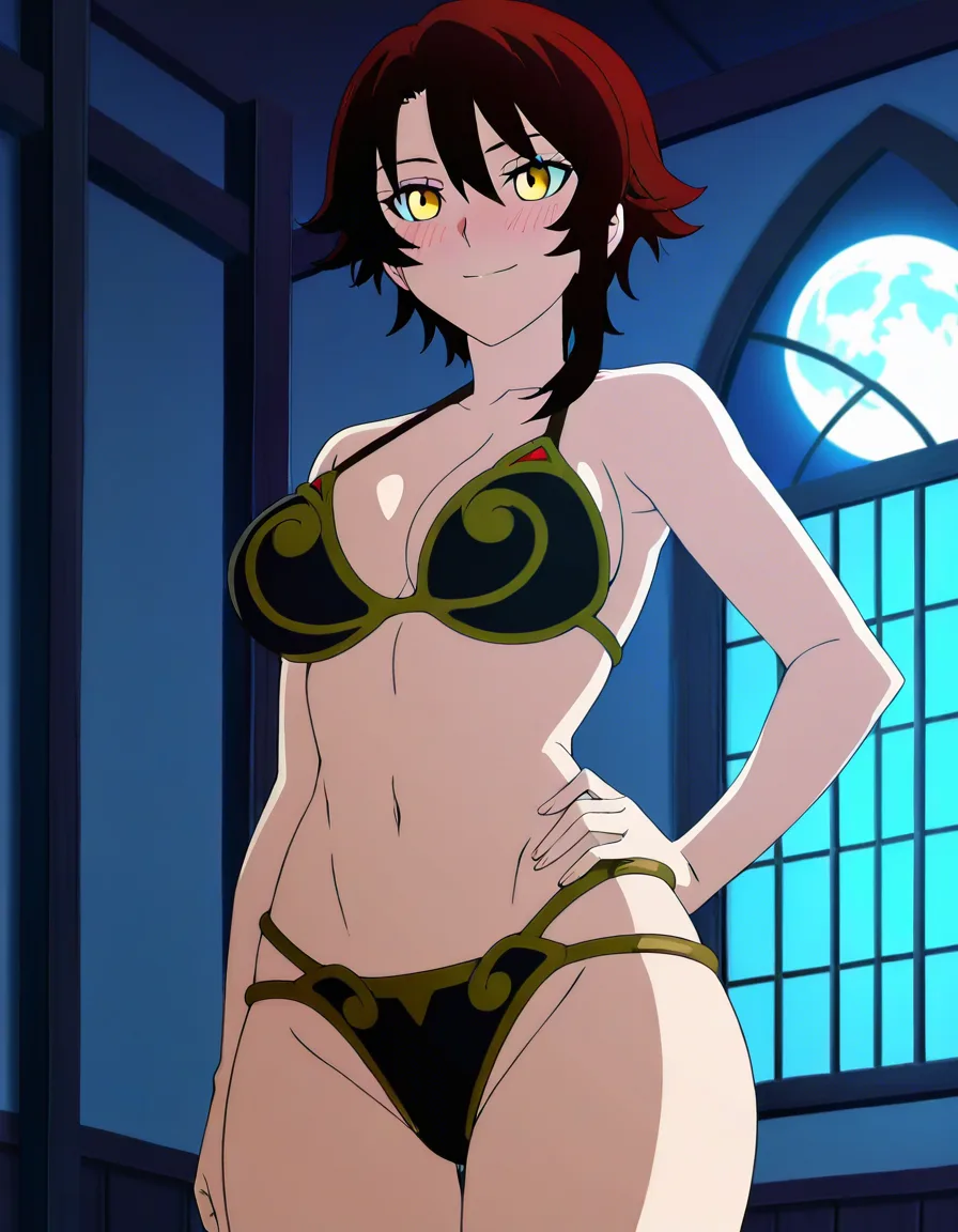 Anime rwby cinder fall big breasts wide hips yellow eyes light skin dark hair in a slave leia bikini in a room at night low lighting full moon soft smile blushing a little sexy pose hand on hip, hentai_studio_quality, (anime style:1.3), 2d, anime screencap, cel shading, flat color, (anime style:1.3), 2d, anime screencap, cel shading, flat color, @00osamio00, score_9, score_8, 3d render, octane render, subsurface scattering, ray tracing, smooth shading