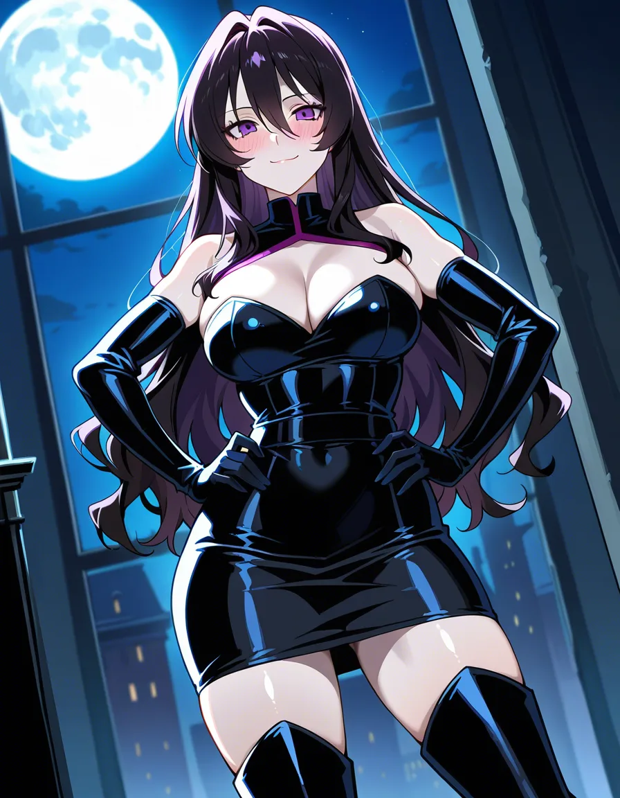 Anime fullmetal alchemist lust big breasts wide hips purple eyes pale skin dark hair black dress long black gloves black thigh high boot heels in a room at night low lighting full moon soft smile blushing a little sexy pose hand on hip, hentai_studio_quality