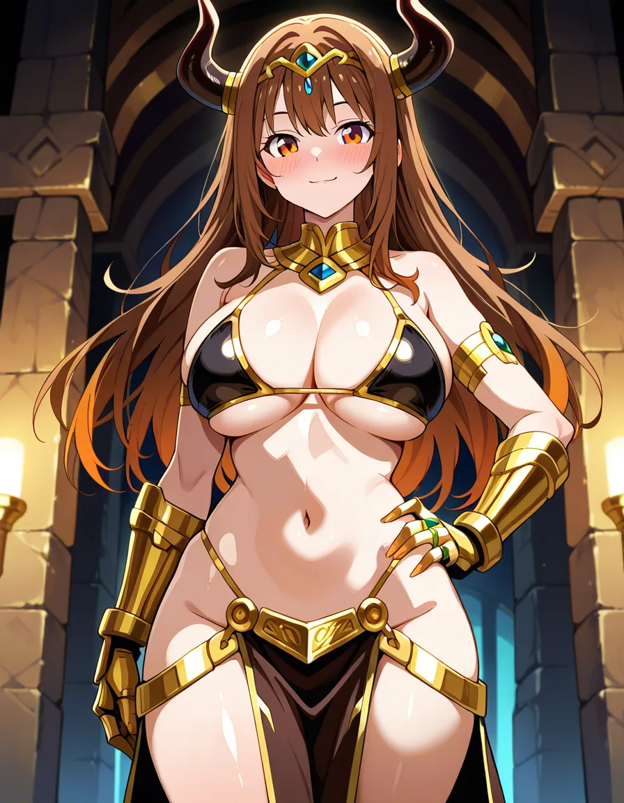 Anime fantasy minotaur queen big breasts wide hips amber eyes light skin brown hair black bull horns with gold rings gold plated bikini armor gold Gauntlets Gold shin armor gold skirt armor in a tribal temple sunset low lighting soft smile blushing a little sexy pose hand on hip, hentai_studio_quality
