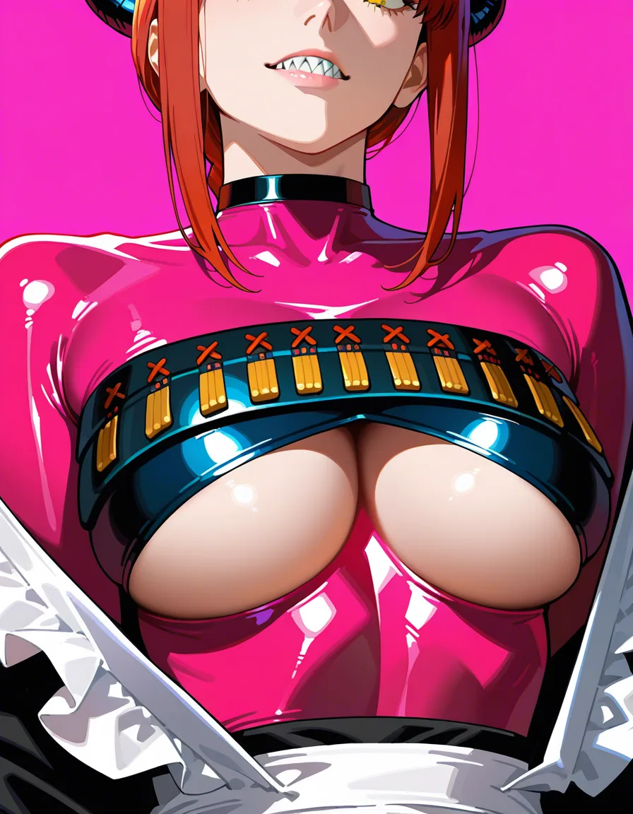 best quality, hyperrealistic, maid, underboob, japanese_armor, choker, solo_focus, @makima_(chainsaw_man), sharp_teeth, horns, pink_latex_suit, hentai_studio_quality