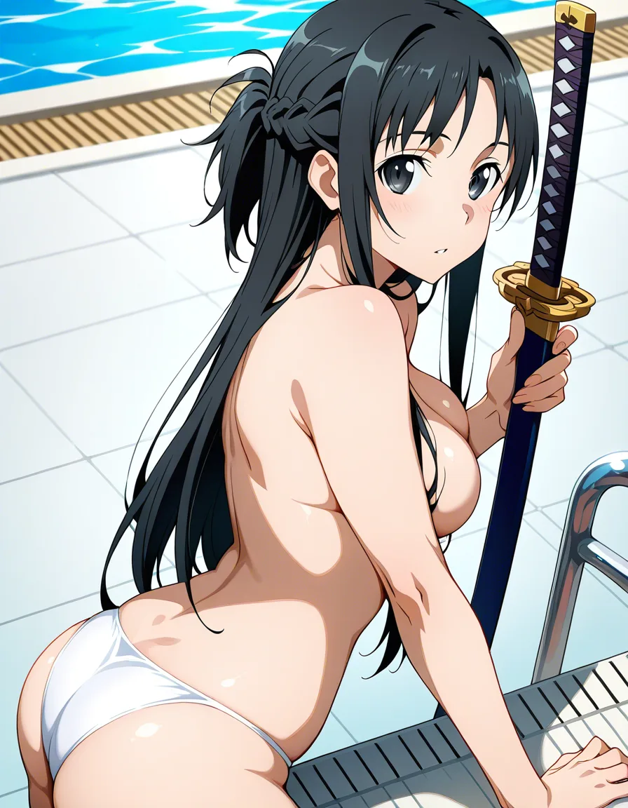 Sword Art Online Yui (grown up,long black hair, black eyes, topless bikini), by the pool, hentai_studio_quality, hentai_studio_quality, hentai_studio_quality, hentai_studio_quality, hentai_studio_quality, hentai_studio_quality