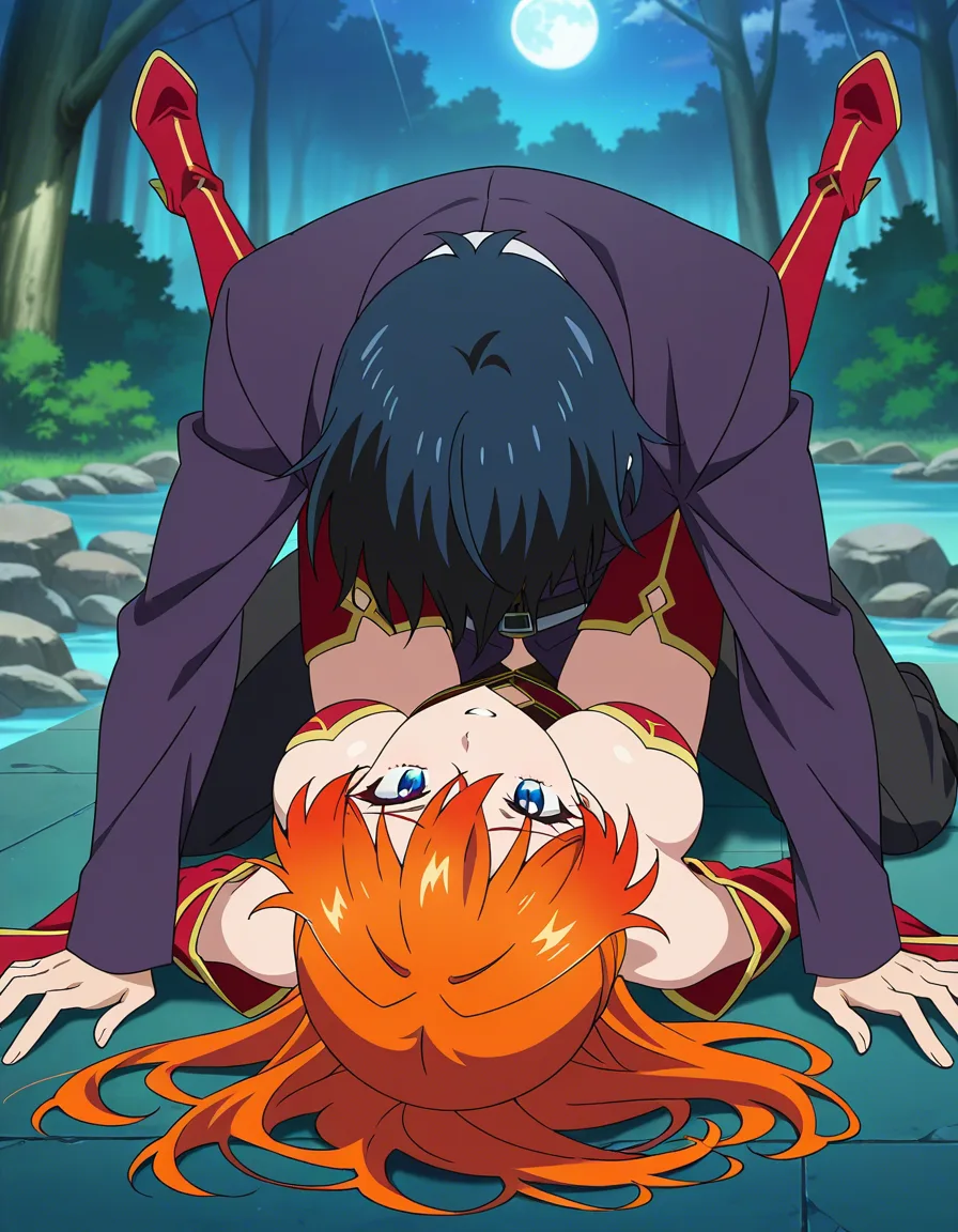 masterpiece, fine detail, witch, missionary, thigh boots, vivid anime colors, (anime style:1.3), 2d, anime screencap, cel shading, flat color