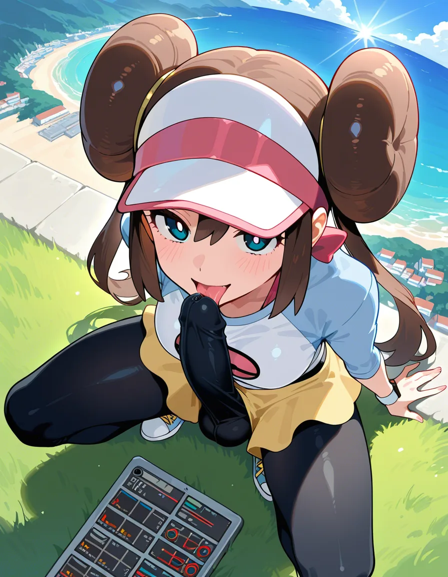 @rosa_(pokemon), detailed shading, masterpiece, futanari, seductive_smile, erection_under_clothes, licking_penis, from_above, scenic overlook, hentai_studio_quality