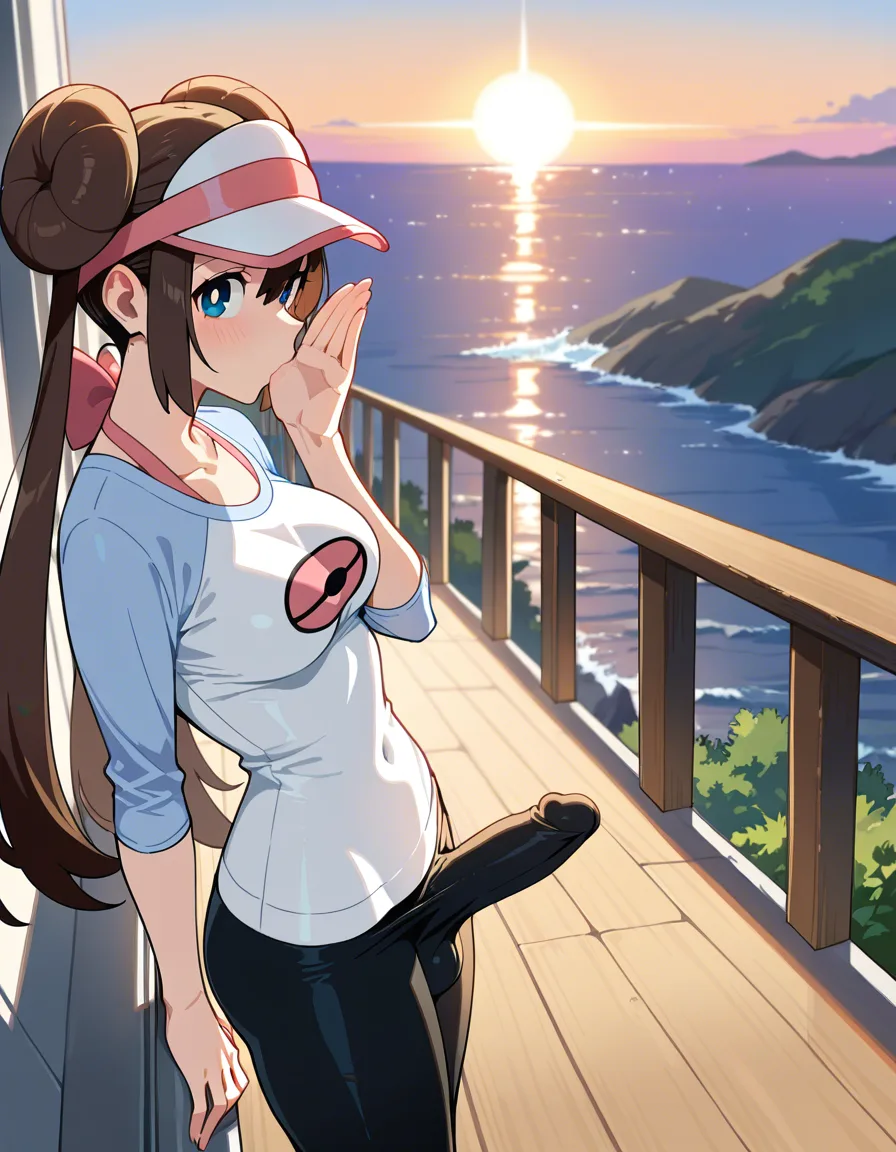 @rosa_(pokemon), detailed shading, masterpiece, futanari, erection_under_clothes, fellatio, from_side, scenic overlook. she is sucking the white male viewer's cock and stroking her own cock, hentai_studio_quality