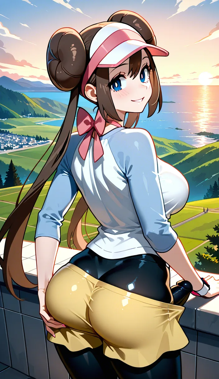 @rosa_(pokemon), detailed shading, masterpiece, futanari, seductive_smile, erection_under_clothes, showing off ass, looking_back, scenic overlook. She bends over and spreads her ass