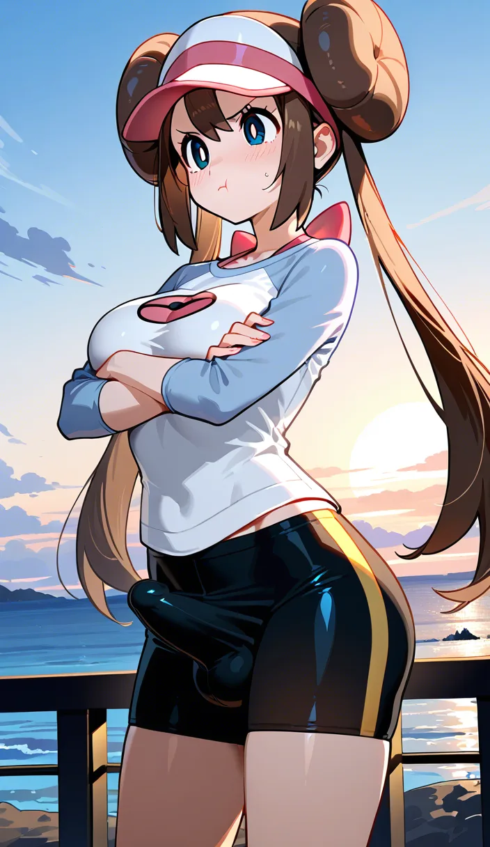 @rosa_(pokemon), detailed shading, masterpiece, futanari, pout, erection_under_clothes, crossed_arms, scenic overlook. She moves her hips back and forth impatiently