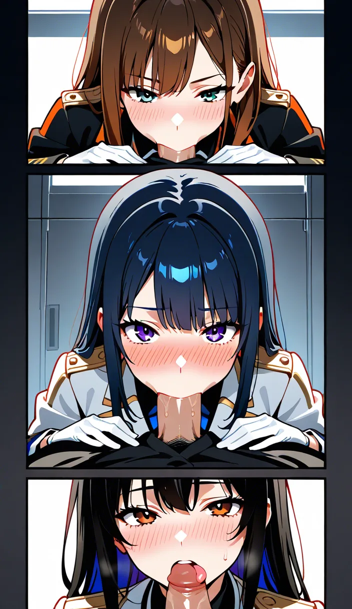 best quality, polished, 4girls, white gloves, oral, submissive blush, detailed shading