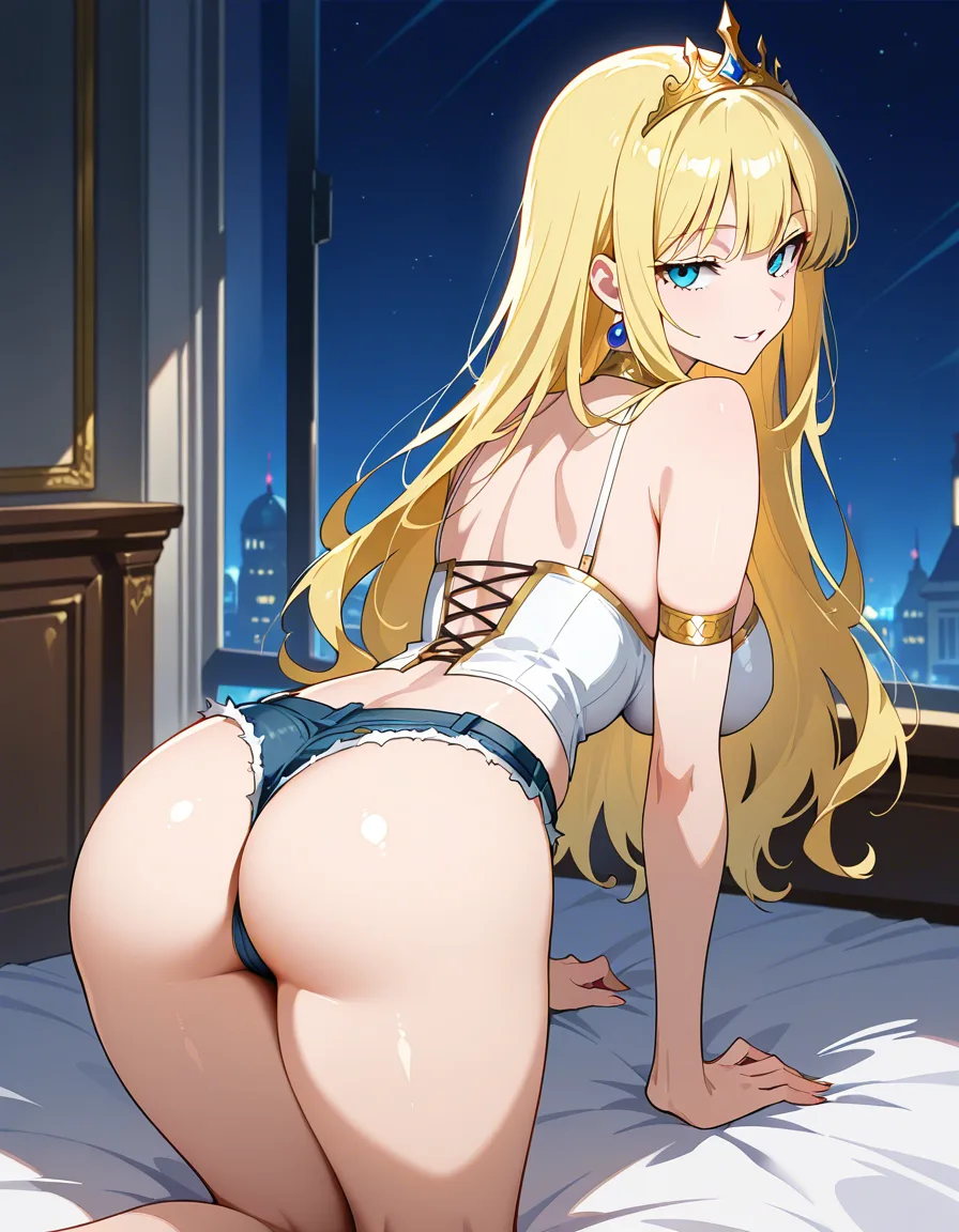 highly detailed, sharp, princess, ass, shorts, on all fours, seductive look, explicit anime render, hentai_studio_quality