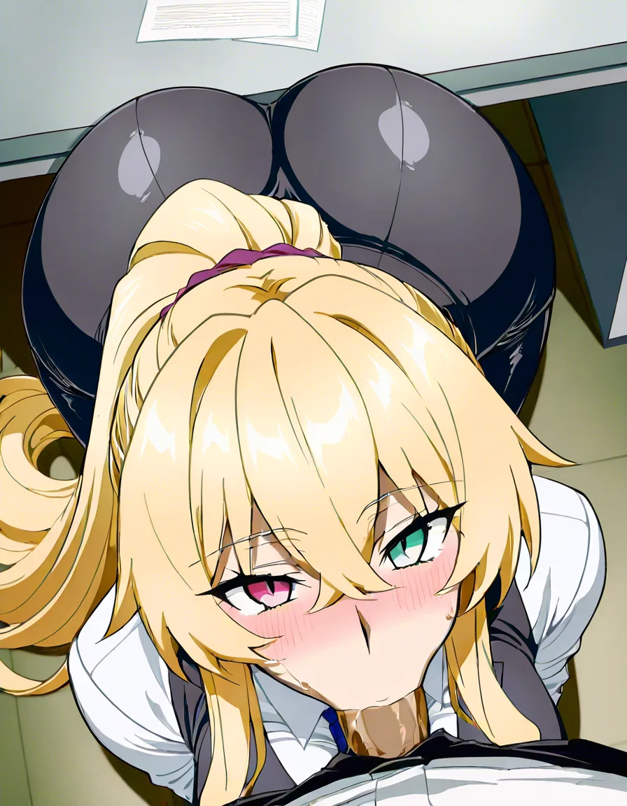 masterpiece newest
1girl from_above looking_at_viewer 
Barghest_from_fate_grand_order
blonde_hair long_hair ponytail large_breasts wide_hips huge_ass 
office_lady suit skirt tight_clothes 
blush fellatio  sitting on_floor 
office desk night girl_hides_under_the_desk, (anime style:1.3), 2d, anime screencap, cel shading, flat color, score_9, score_8, 3d render, octane render, subsurface scattering, ray tracing, smooth shading, hentai_studio_quality