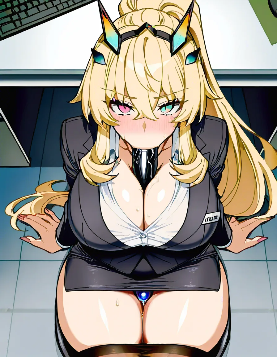 masterpiece newest
1girl from_above looking_at_viewer 
Barghest_from_fate_grand_order
blonde_hair long_hair ponytail large_breasts wide_hips huge_ass 
office_lady suit skirt tight_clothes anal_object_insertion in_underwear
blush fellatio  sitting on_floor 
office desk night girl_hides_under_the_desk, (anime style:1.3), 2d, anime screencap, cel shading, flat color, score_9, score_8, 3d render, octane render, subsurface scattering, ray tracing, smooth shading, hentai_studio_quality, hentai_studio_quality