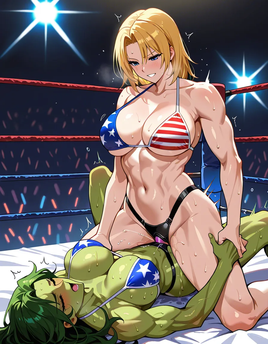 2girls , Best_quality, ultra_detailed, from_side , tina_armstrong_(dead_or_alive)-american_flag_bikini, she-hulk  , strap-on missionary , yuri sex ,wrestling_ring wrestling defeated, pussy_juice squirting orgasm , sweat,, hentai_studio_quality