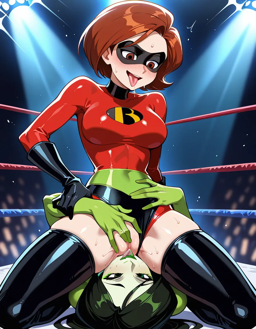 2girls , wrestling_ring , strapon , elastigirl_(incredibles) auburn_hair , shego , facesitting cunnilingus , cumming pussy_juice ,, tongue_out, front_focus,, fingering_self, hentai_studio_quality