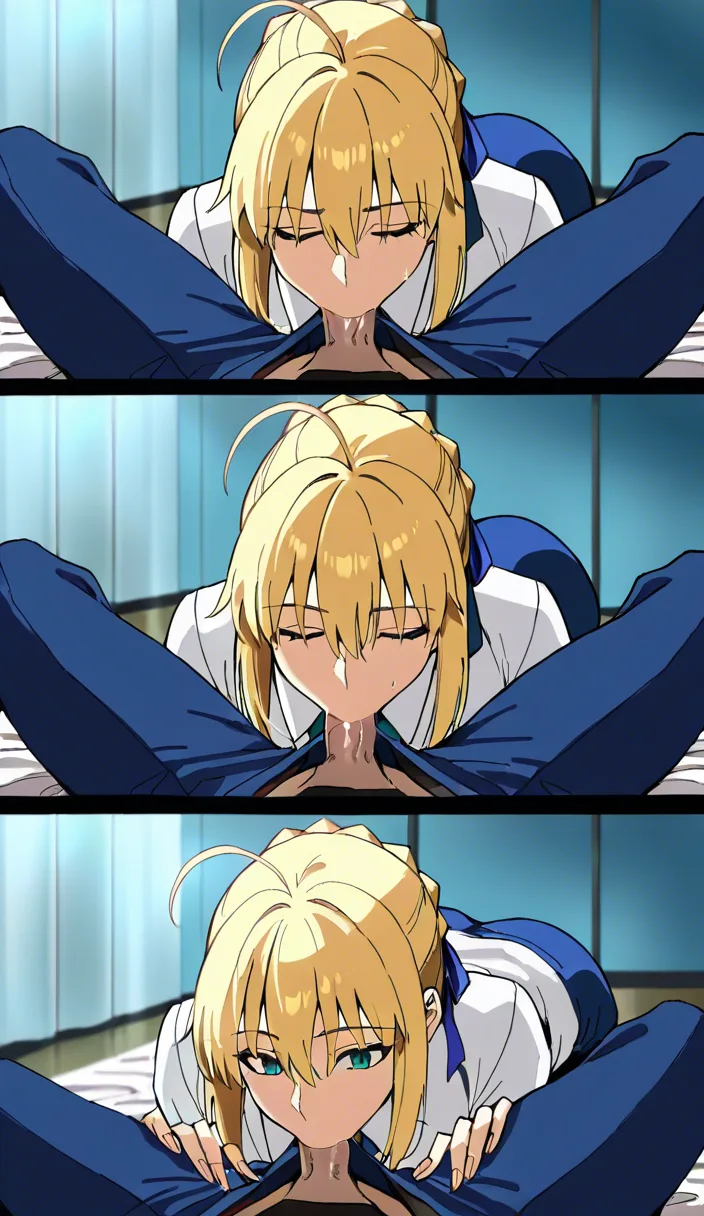 Masterpiece, best quality, ultra-detailed, detailed background, manga-style 4-panel layout, 4 scenes, Fate/stay night, Saber (Artoria Pendragon), Cú Chulainn, rich colors.
Scene 1: Cú Chulainn stands beside a bed while Saber (Artoria Pendragon) kneels on the floor, performing fellatio. The man looks down at the woman with a wicked, leering grin, while the woman’s face is flushed with shame. Setting: A bedroom in a mansion. Full-body shot. Scene 2: The woman is sucking the penis intensely; drool drips from her mouth. Sound effects of sucking. Close-up. Scene 3: The man wears an expression of intense pleasure; he is gasping/moaning. Scene 4: The man, still grinning, thrusts his penis deep into the woman’s throat and ejaculates. The woman swallows the semen deep in her throat. Full-body shot. Takes place at night. Includes Japanese sound effects, speech bubbles, and dialogue., hentai_studio_quality