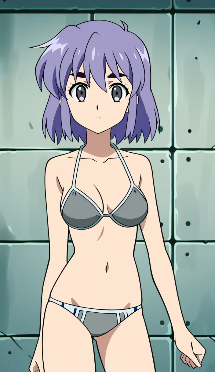 digital anime style, realistic anatomy, medieval-fantasy themed background, solo girl, dull purple hair and eyebrows, gray eyes, wearing cyan bikini top and cyan v-shaped bikini bottom with additional stripes of cloth as part of her bikini on level of chest and stomach. Also wearing bright blue latex high heels up to thighs with additional leather straps and tiny locks on them, wearing long bright blue latex mittens also with straps and locks. Wearing cyan latex gag masc over mouth with black face-harness. She is strapped to the single wooden bed with simple white blanket and pillow on it. Her arms and legs strapped to the edges of the bed by black leather belts, and there is additional shibari rope harness over remaining body that is also ties to the bed. There is four pink remote-controlled tiny vibrators stuffed under her bikini bottom for 2 on each led, with their remotes being strapped to her thighs by garter straps. There is also two pink remote-controlled tiny vibrators stuffed under her bikini top, with their remotes being fixed under side straps of her bikini top, for 1 on each side. There is a clear visible visual effects of a vibration on her bikini top and her bikini bottom. She is blushing, sweating and squirming from implied stimulation of her privates and nipples under pieces of her bikini. Vibrators visibly pulsating under her bikibi top and bottom. Also, her spread pose and view from above, leave her face expression, midriff and armpits visible. Excessive saliva drool from under the mask. Straight stretched limbs. Breast shake. Digital anime art style, colourful, 24 y.o. character.