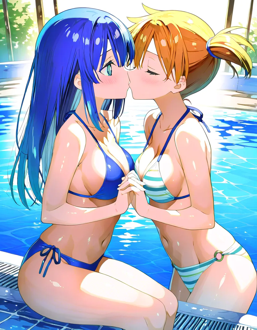 Dawn, Misty, May and Serena from pokemon in bikini at the swimming pool; Dawn and Misty are kissing each other, and May and Serena hold hands and look at the other two girls.
Image has soft lines and tones, art in the style of atey ghailan, painterly anime style at pixiv, art in the style of kantoku, in art style of redjuice/necömi/rella/tiv pixiv collab, your name anime art style, masterpiece digital painting, exquisite lighting and composition, inspired by wlop art style, 8k, sharp, very detailed, high resolution, illustration., hentai_studio_quality